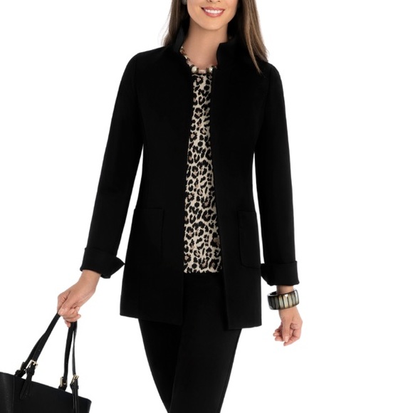 Nina McLemore PONTE KNIT CAR COAT Open Front Long Blazer Jacket Size 10 Black - Picture 4 of 16